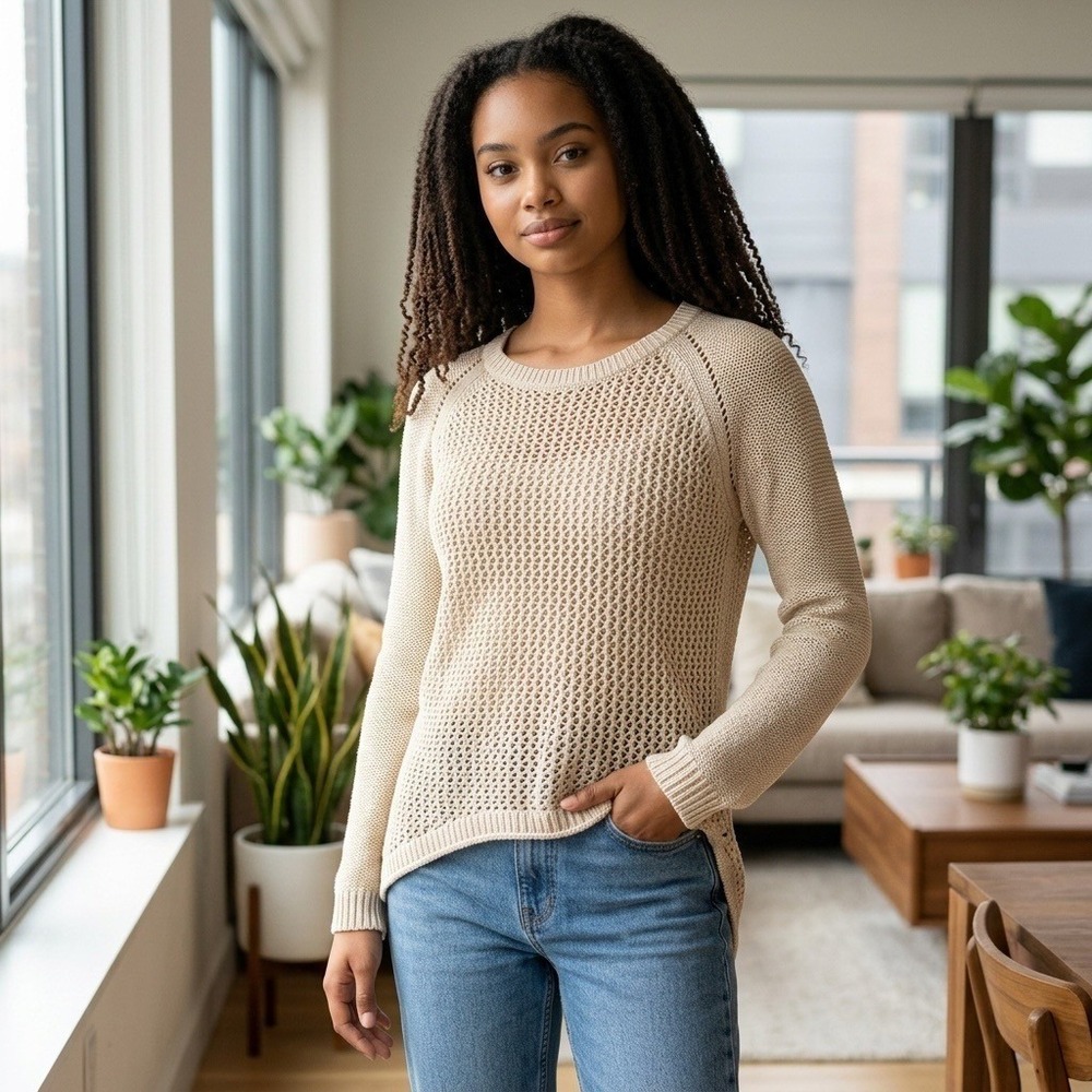 Coastal Grandma Knit Sweater Beige Mesh High Low Raglan Fall Minimalist Layering